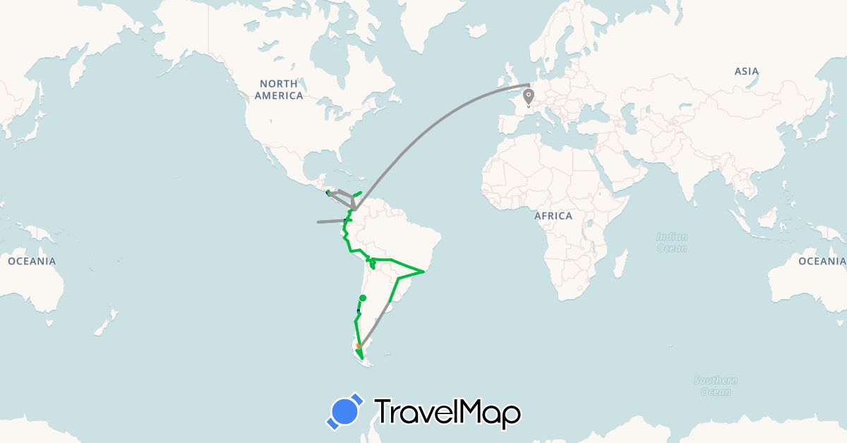 TravelMap itinerary: driving, bus, plane, boat, hitchhiking in Argentina, Bolivia, Brazil, Chile, Colombia, Ecuador, France, Nicaragua, Netherlands, Peru (Europe, North America, South America)